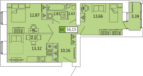 Двухкомнатная квартира 56.15 м²