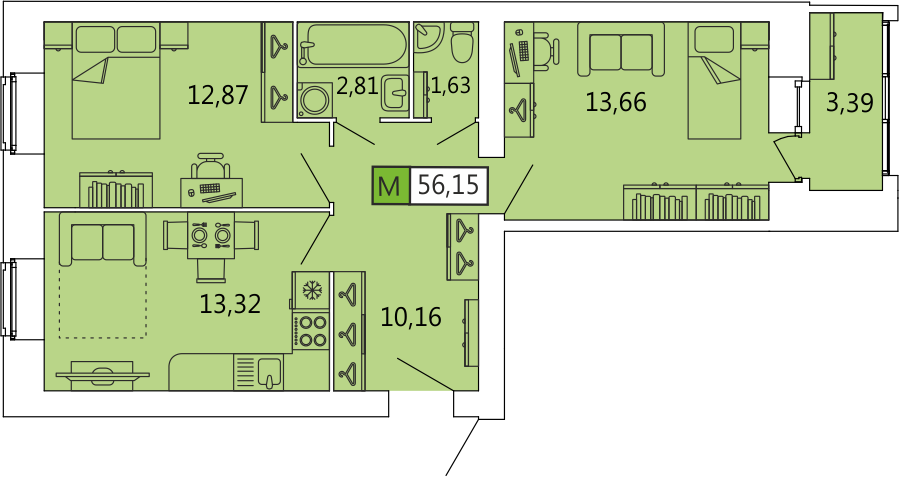 Двухкомнатная квартира 56.15 м²